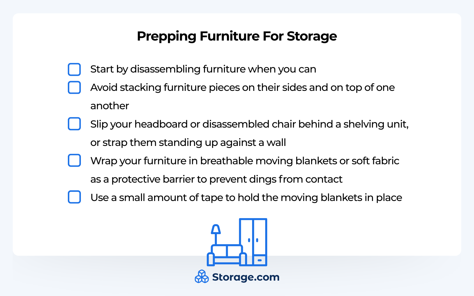 Checklist for steps to prepare furniture for storage